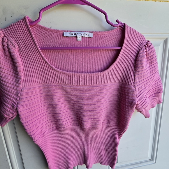 Pink Ribbed Puff Sleeve Top - Picture 1 of 3